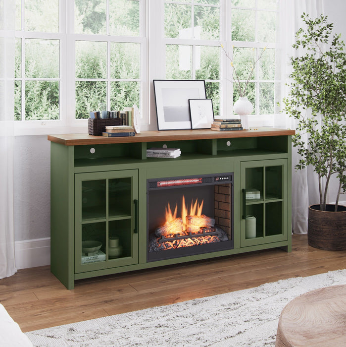 Vineyard - 74" Fireplace TV Stand - Sage Green / Fruitwood